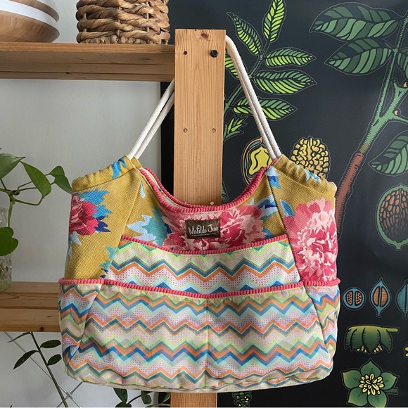 Matilda Jane Handbags - Matilda Jane Clothing Yellow Pink Floral Chevron Gather It Up Tote Bag